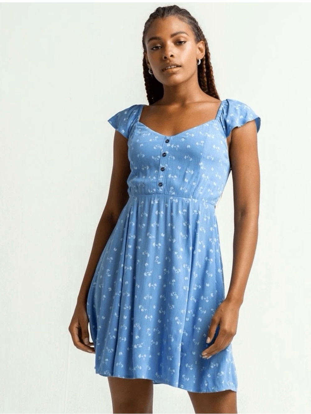YBillabong Blue Floral Smocked Mini Dress Flutter Sleeve Cottagecore Boho Beachy